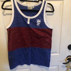 WeSC Mens Blue Red Striped Sleeveless Crew Neck Tank Top Small Shirt Logo New.
